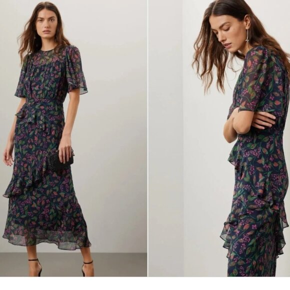 SALONI Dresses & Skirts - Saloni Vida Dress Silk Short-Sleeve Midi Ruffled Blue Floral Print Size 14